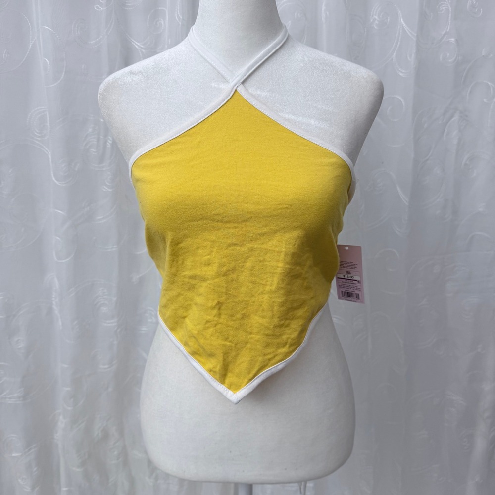 Wild Fable Women Yellow Handkerchief Halter Top White Trim Football Charm XS NWT